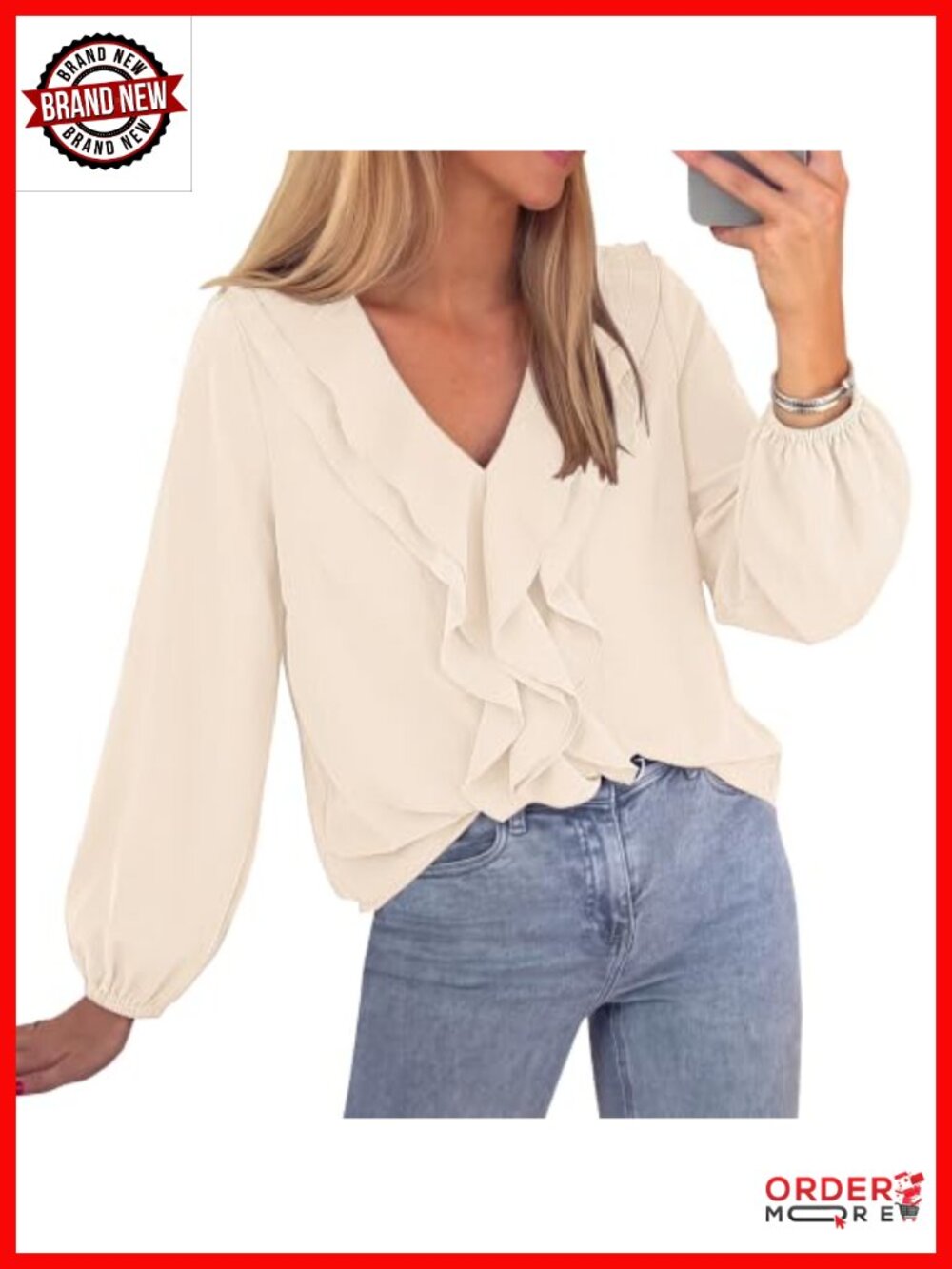Womens 100% Polyester Ruffle Front V-Neck Long Sleeve Blouse